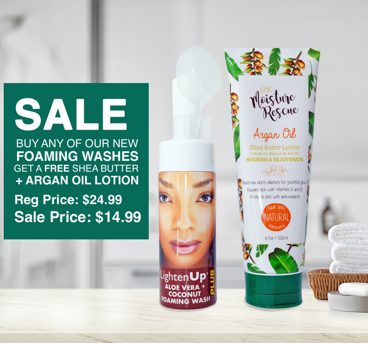 LightenUp Aloe Vera + Coconut Foaming Wash + FREE Argan Oil Lotion Mitchell Group USA, LLC - Mitchell Brands - Skin Lightening, Skin Brightening, Fade Dark Spots, Shea Butter, Hair Growth Products